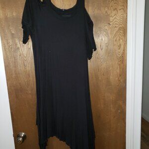 one cold shoulder black dress with angled hem